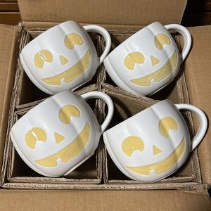 Pottery Barn White Jack -o - Lantern Halloween Set Of 4 Mugs BNIB